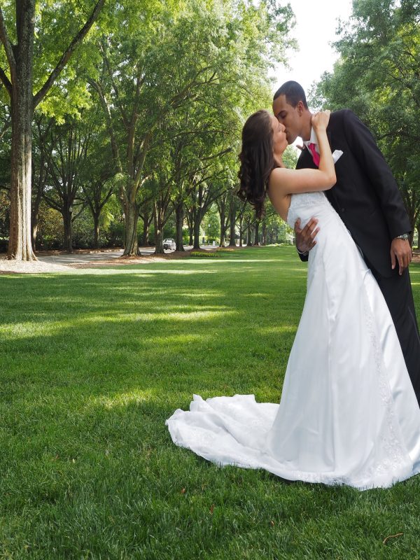 A loving married couple kissing in a green park full of trees
